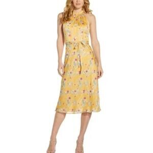 Adrianna Papell Floral Print Chiffon Colorful A-Line Midi Dress Yellow Size 14